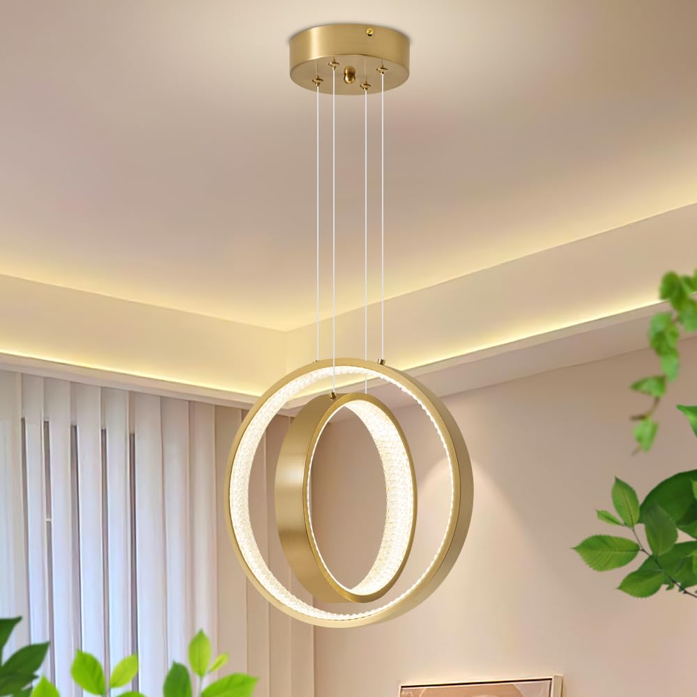 Modern LED Chandelier Dimmable 2 Ring Gold Pendant Light Acrylic 34W 4000K Height-Adjustable Modern Chandelier for Dining Room Living Room Bedroom Kitchen Island Foyer Stairway