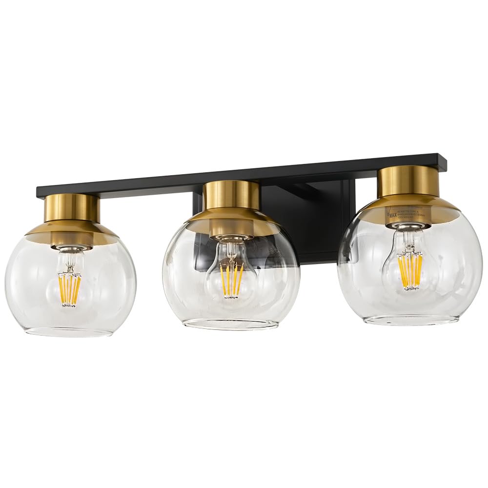 2 Light Black and Gold Vanity Lights for Bathroom Light Fixtures Over Mirror 13.7 in Clear Glass Shade Industrial Wall Sconce