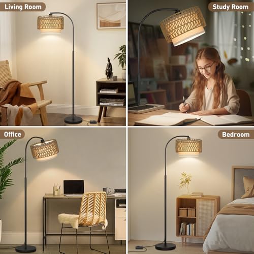 LED Floor Lamp Fully Dimmable Modern Standing Lamp Arc Floor Lamp with Adjustable Drum Shade, Gold Tall Pole Reading Lamp Corner Light for Living Room Bedroom Study Room, Bulb Included