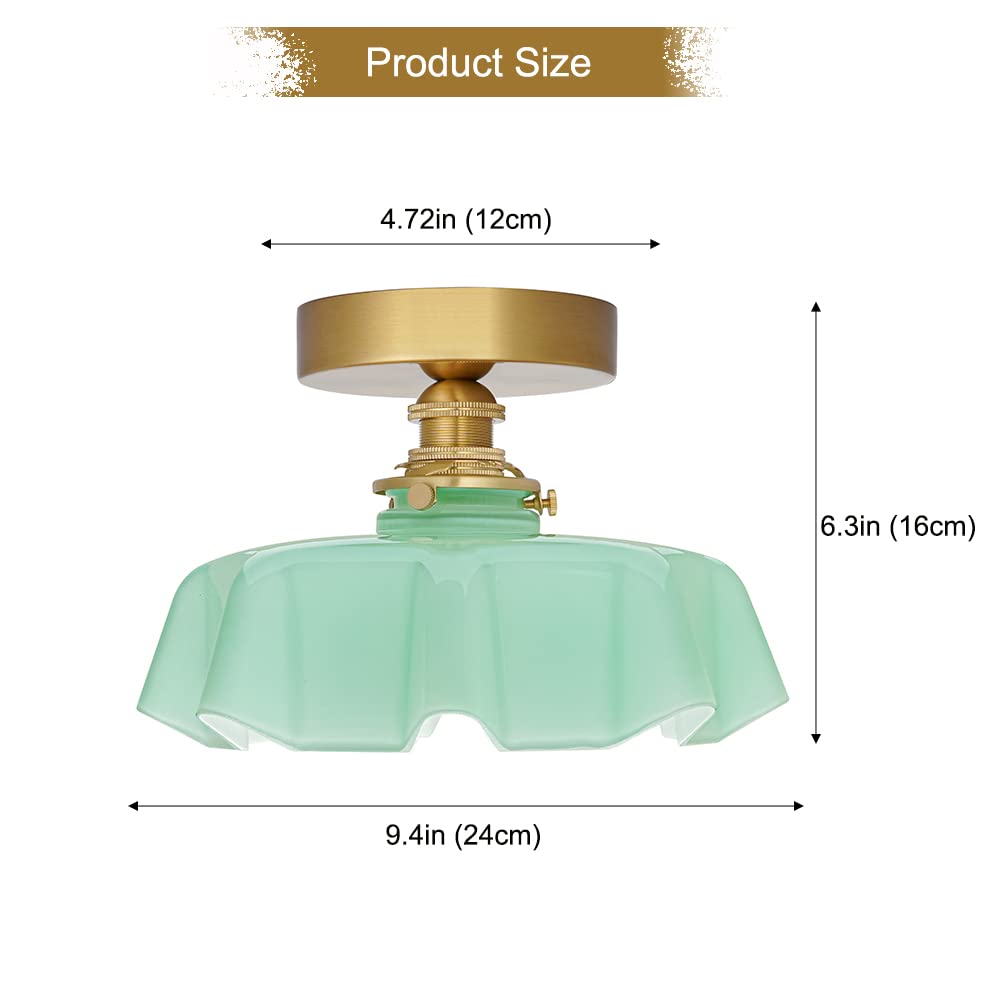 Brass Semi Flush Mount Ceiling Light, Cute Small Green Glass Flush Mount Ceiling Light, Porch Ceiling Light Fixtures, Flower Shape Glass Close to Ceiling Light for Closet Hallway Entryway