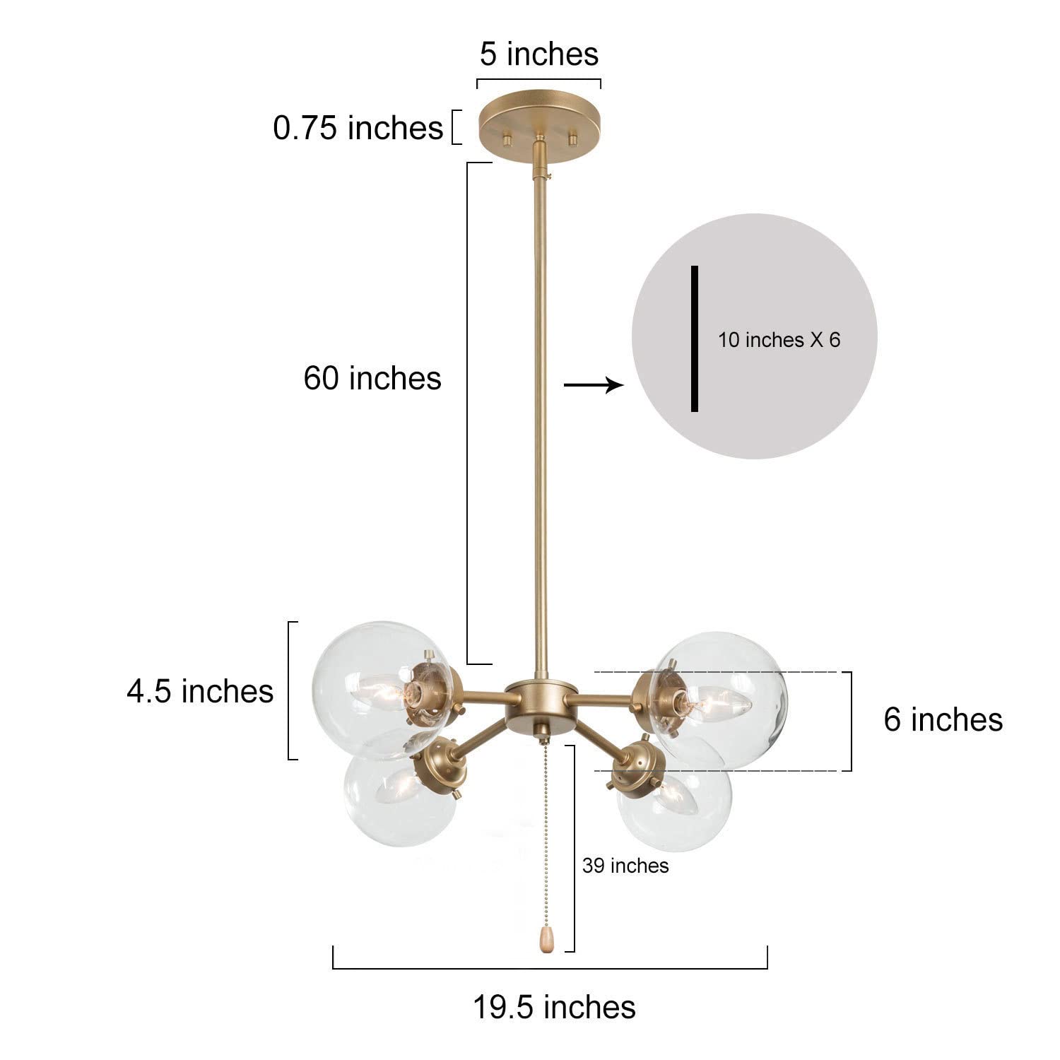 Gold Globe Chandelier with On/Off Switch Pull Chain, 4-Light Modern Gold Semi Flush Mount Ceiling Light with Clear Globe Glass Shades for Dining Room & Kitchen, Soft Gold, 19.5’’ Dia