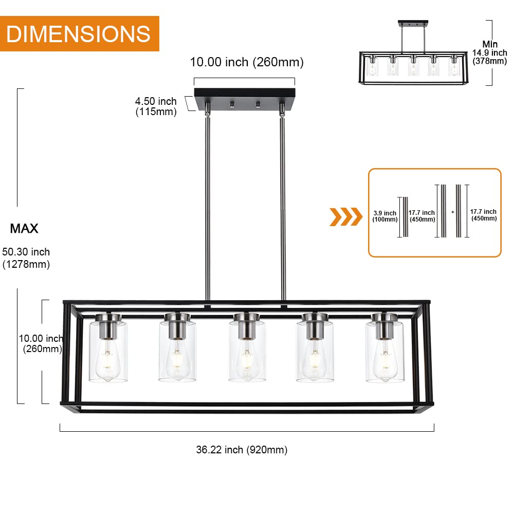 VINLUZ Contemporary Chandeliers Brushed Nickel 5 Light Modern Dining Room Lighting Fixtures Hanging, Kitchen Island Linear Pendant Lights Farmhouse Flush Mount Ceiling Light with Glass Shade