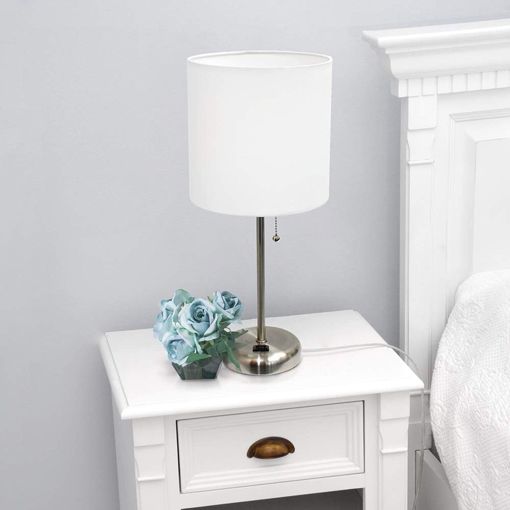 Brushed Steel Stick Table Desk Lamp with Charging Outlet and Drum Fabric Shade, White Shade