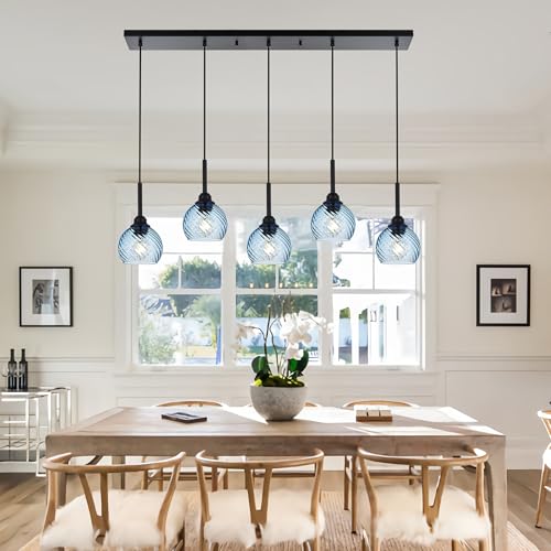 3 Light Island Lights for Kitchen with Striped Swirl Globe Glass, Black Linear Hanging Pendant Light Fixture Farmhouse Chandelier for Dining Room Bar Living Room