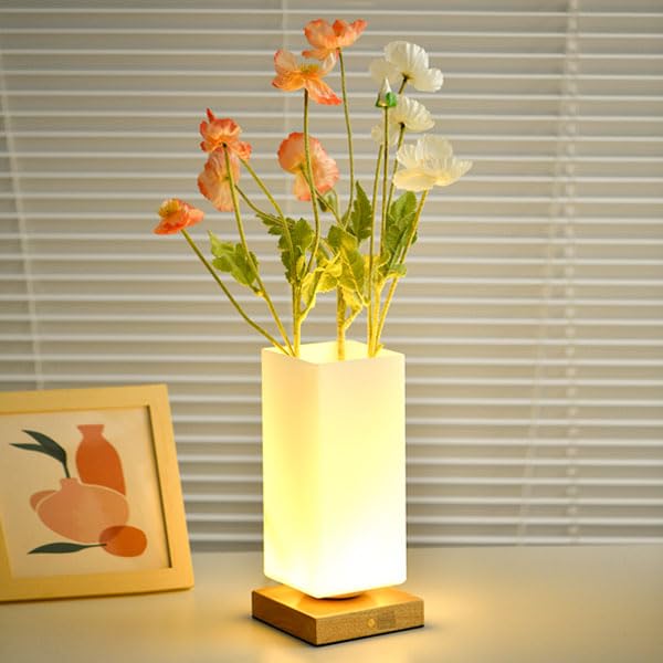 Vase Lamp Table Lamp USB Charge Flower Lamp Vase Table Lamp Dimmable Bedside Lamp Frosted Glass Shade with Wood Base for Bedroom Living Room Office Desk