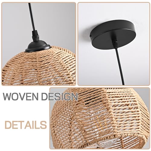 Mini Hemp Rope Woven Pendant Light Woven Light Fixture Boho Chandelier Light Fixture Wicker Pendant Light Rattan Light Pendant Dome Wicker Chandelier for Bedroom Kitchen Island(Bulb Incl.)