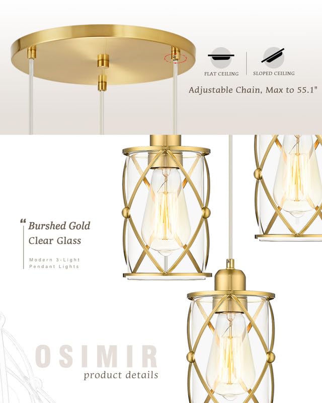 Brushed Gold Pendant Light Fixtures, 3-Light Modern Dining Room Cluster Pendant Light with Milky Glass, Mid Century Cage Hanging Pendant Lighting for Kitchen, Adjustable, CH9176BGW3