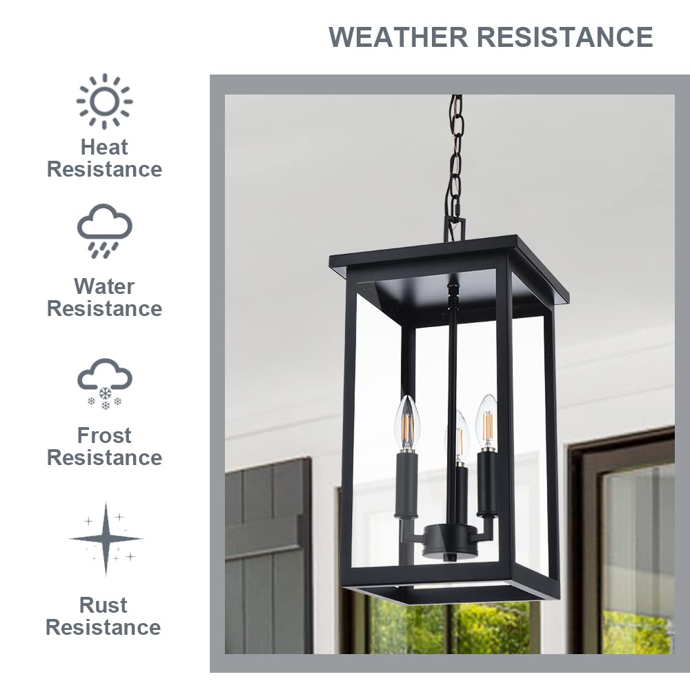 3-Lights Large Outdoor Pendant Lighting Clear Glass, Ceiling Porch Light Fxitures Adjustable Chain for Foyer Patio, Exterior Hanging Lantern Lamp, E12 Bulb Base, Black & Bruhed Brass