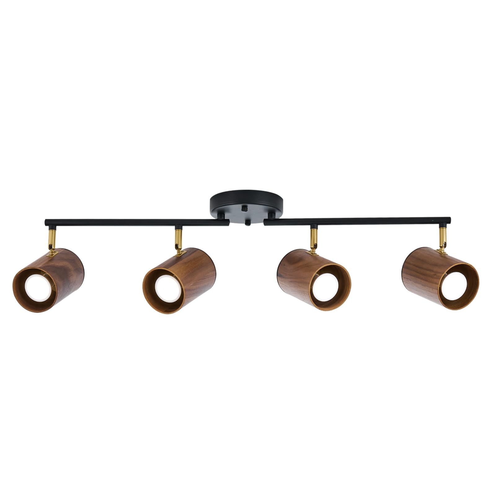 Modern 4-Light Track Lighting Kit Fixture, Adjustable Matte Black Finish and Dark Wood Lampshade Ceiling Light, Brass Swivel Item Kit, for Living Room, Kitchen, Artwork