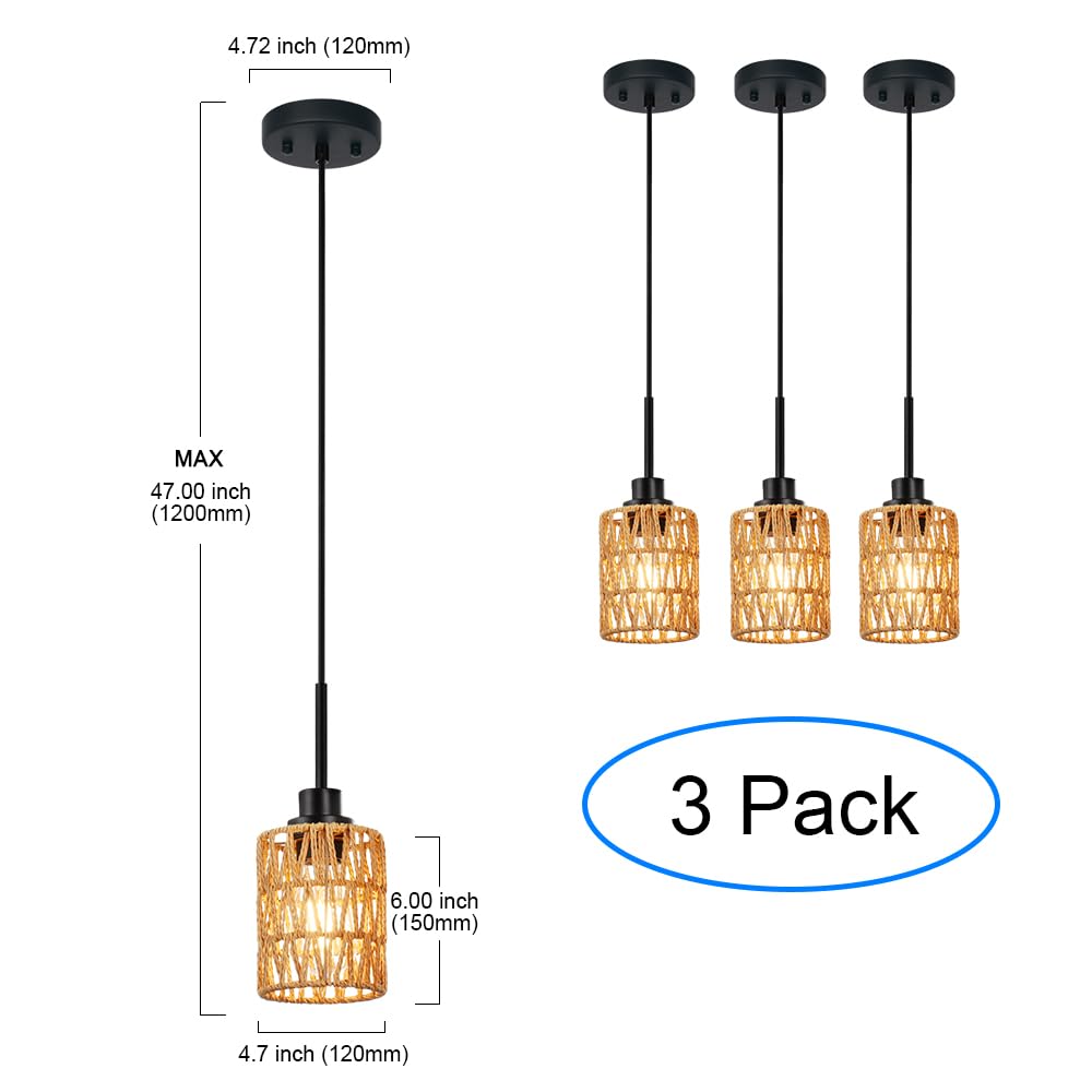 2 Pack Rattan Hanging Light Fixture Boho Pendant Light Black Adjustable Dining Table Light Fixture with Rattan Lamp Shade, Set of Two Mini Pendant Lighting for Kitchen Island Hallway Stair