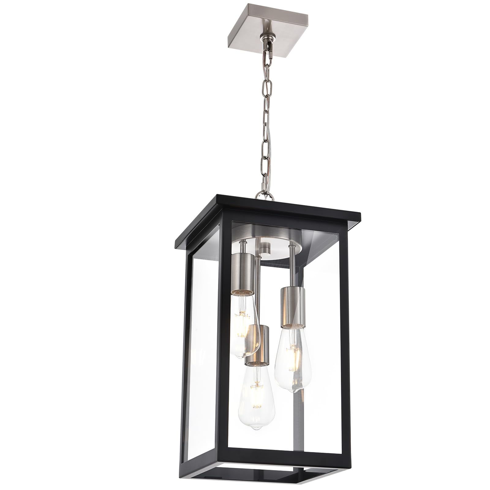 3-Lights Large Outdoor Pendant Light, Black Porch Ceiling Lighting Fixtures with Seeded Glass Panel, Exterior Hanging Lantern Adjustable Chain for Yard Entryway Patio