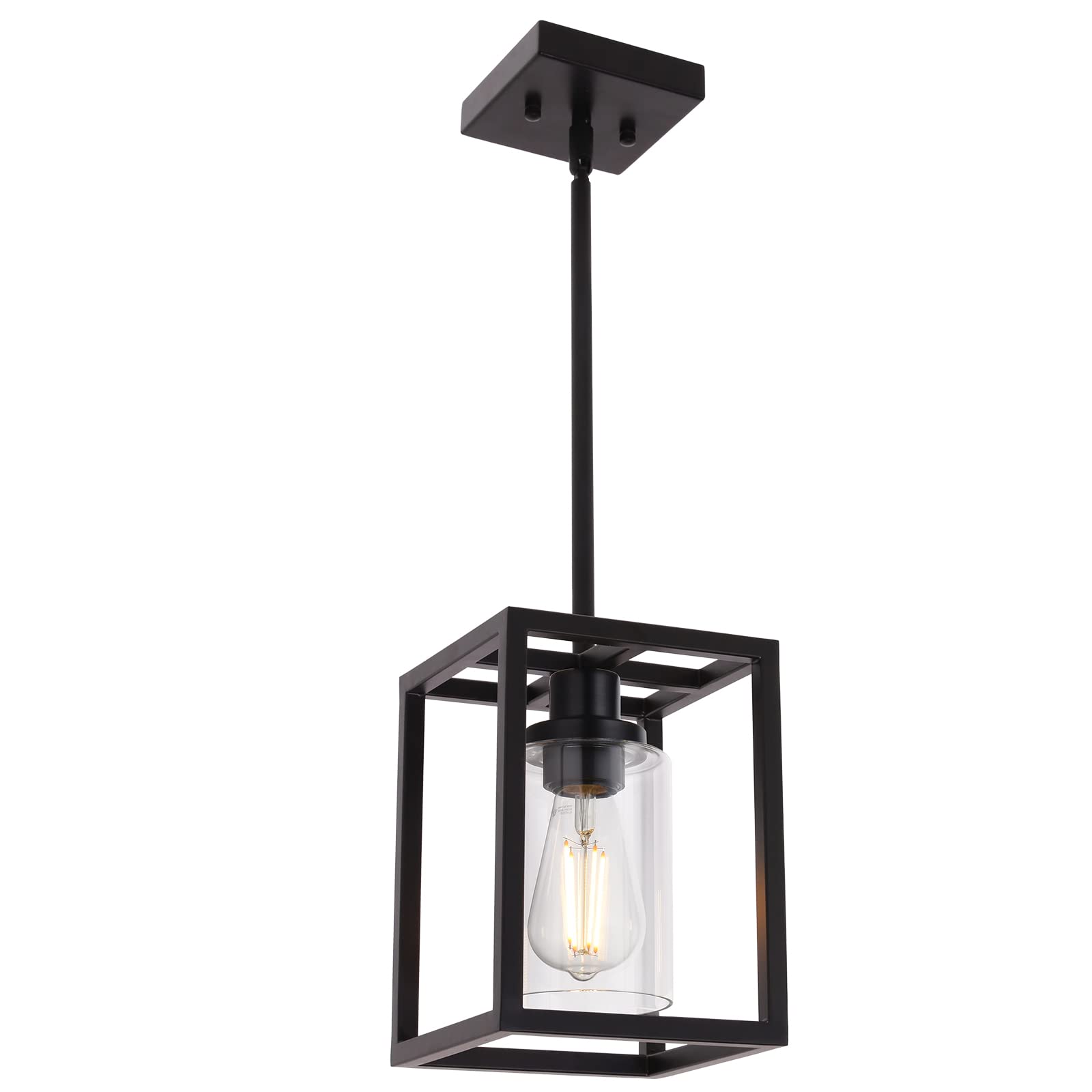 MELUCEE Black Chandeliers Rectangle 5 Lights Dining Room Lighting Fixtures Hanging Over Table, Kitchen Island Lighting Linear Pendant Light Ceiling with Clear Glass Shade and Brushed Brass Socket