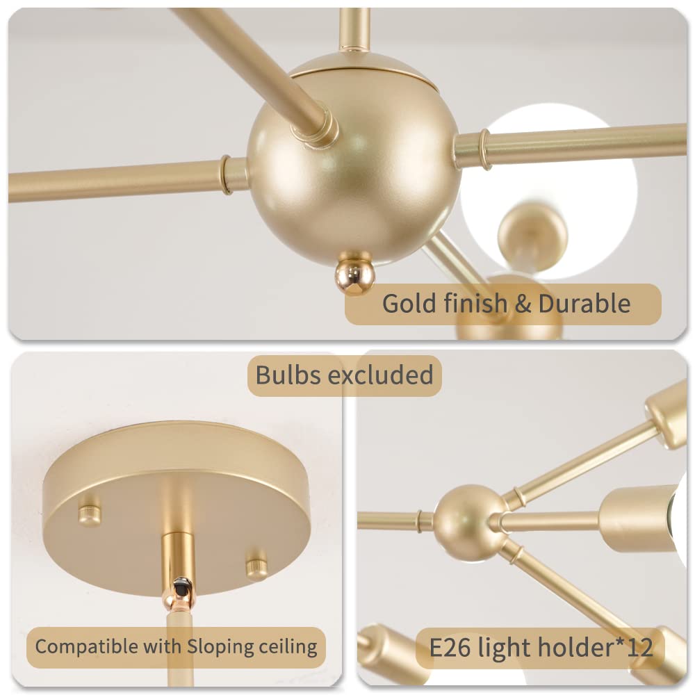 Modern Mid Centur 6 Light Semi Flush Mount Ceiling Lighting Fixture for Living Room Bedroom Dining Room Hallway Kitchen Office,Minimalist Gold and Black Sputnik Chandelier