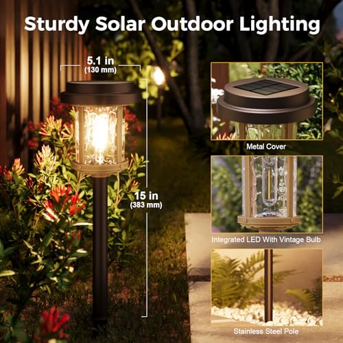 Solar Lights Outdoor, 6 Pack Solar Pathway Lights Outdoor, 15 LM LED Outdoor Solar Lights, IP 65 Waterproof Glass Solar Powered Lights for Garden Yard Landscape Driveway Walkway (Warm White)