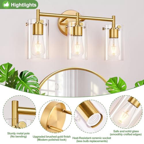 Bathroom Light Fixtures 2023 Upgrade, 3-Light Matte Black Bathroom Vanity Light, Black Bathroom Lights Over Mirror with Clear Glass Shade, Bathroom Wall Sconces for Mirror Bedroom Living Room Hallway