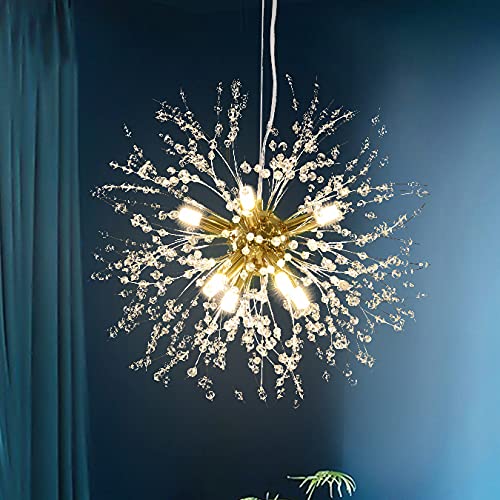 Modern Gold Crystal Chandeliers, Firework Dandelion Sputnik Chandelier Light Fixture Pendant Lighting for Dining Room, Bedroom, Kitchen, Living Room(9-Light, Gold)