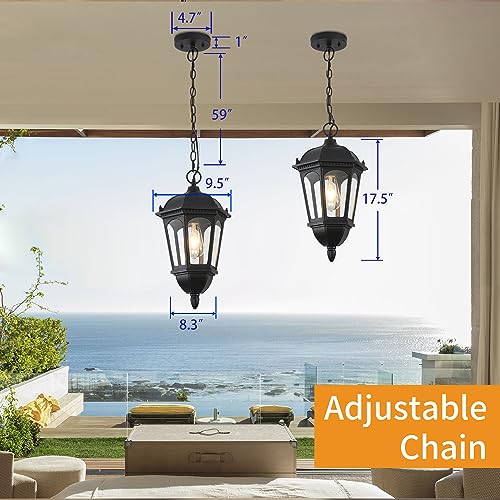 Large Outdoor Pendant Porch Light, 17.5''H Outdoor Hanging Lights, Waterproof Outside Chandelier Light, Black Exterior Hanging Front Lights with Clear Glass for Porch, Patio, Entryway