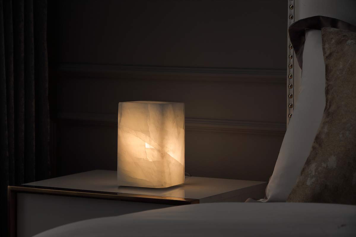 Natural Solid Stone Table Lamp with One-of-a-Kind Crystal Texture, Small Accent Lamp with 3 Colors Dimmable LED, Unique Lamp for Bedroom Living Room, Cuboid White