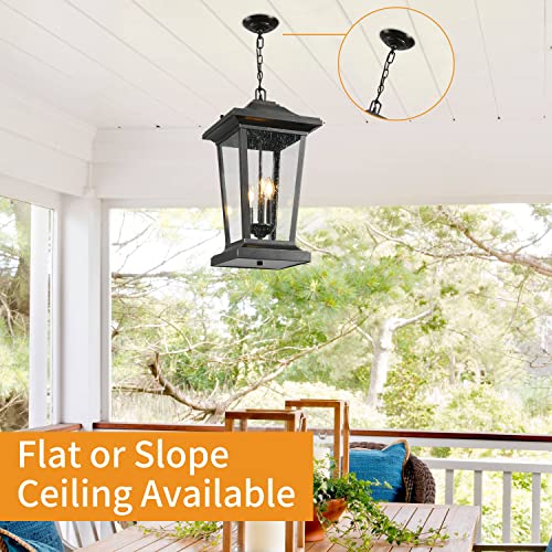 Large Outdoor Pendant Light, 3-Light Outdoor Chandelier, Retro Exterior Hanging Lantern, Hanging Outdoor Light Fixture for Porch, Seeded Glass Sheet with Matte Black Finish