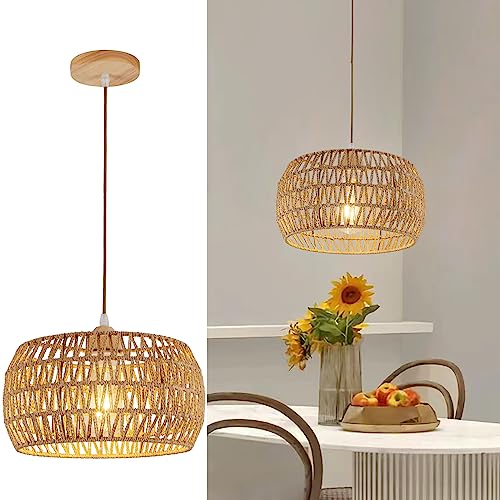 Rattan Pendant Light Fixture Basket Hanging Drum Chandelier Basket Light White Boho Ceiling Light Flush Mount Ceiling Light Woven Kitchen Chandelier for Dinning Room Hallway Bedroom Chandelier