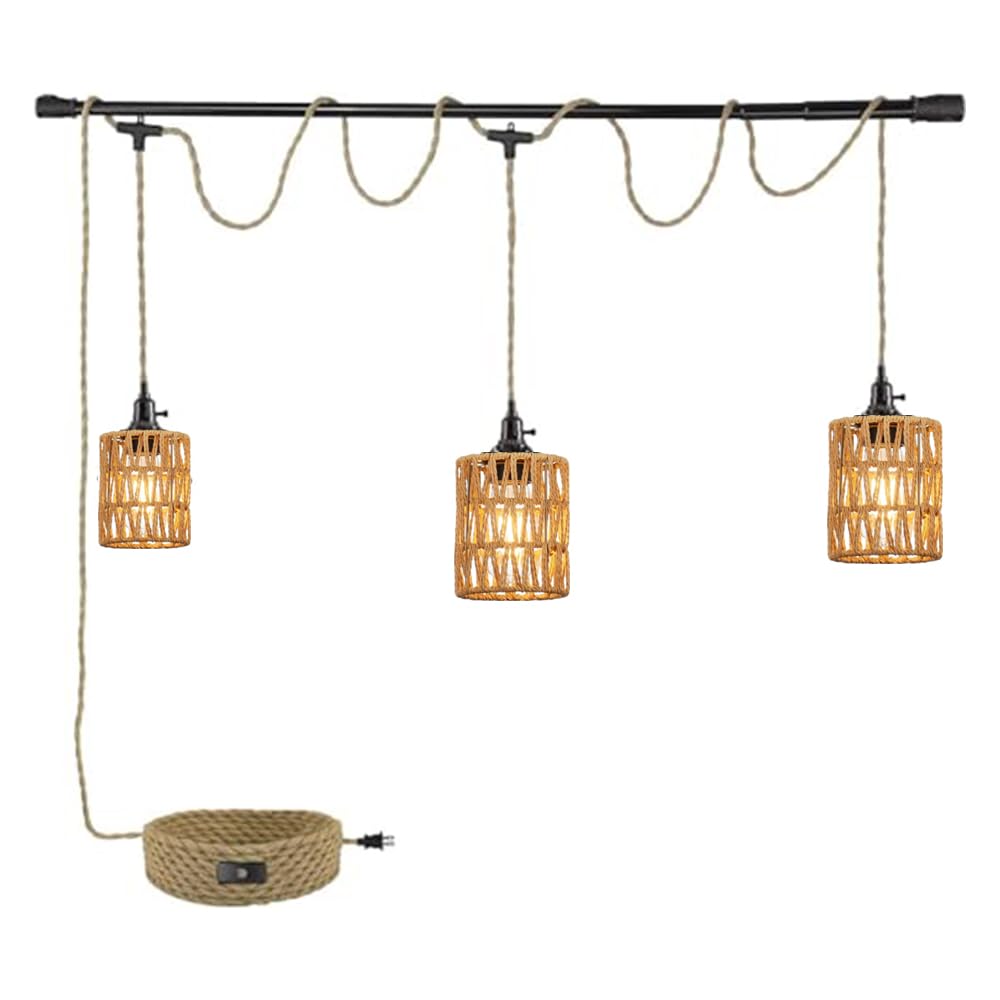 Triple Pendant Light with Plug in Pendant Light,22FT Industrial Hanging Lamp with Twisted Hemp Rope Independent Triple Switch Hanging Light Chandelier,Black Finish