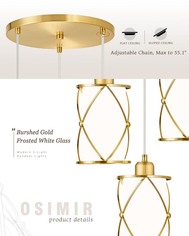 Brushed Gold Pendant Light Fixtures, 3-Light Modern Dining Room Cluster Pendant Light with Milky Glass, Mid Century Cage Hanging Pendant Lighting for Kitchen, Adjustable, CH9176BGW3