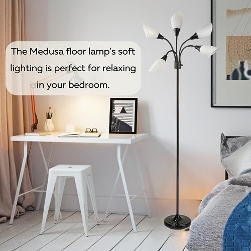 Modern Multi-Head Medusa Floor Lamp - 5 Light Standing Lamp for Bedroom and Living Room with Positionable Acrylic White Shades & 3-Light Mode Switch - Tall Black Floor Lamp for Living Room Decor