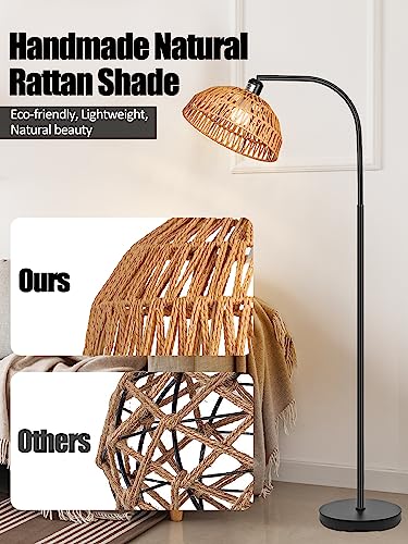 Rattan Floor Lamp- Boho Standing Lamp with Remote Control and Dimmable Bulb, Hand-Worked Adjustable Rattan Shades, Black Farmhouse Tall Lamp, Boho Arc Floor Lamps for Living Room, Bedroom, Office