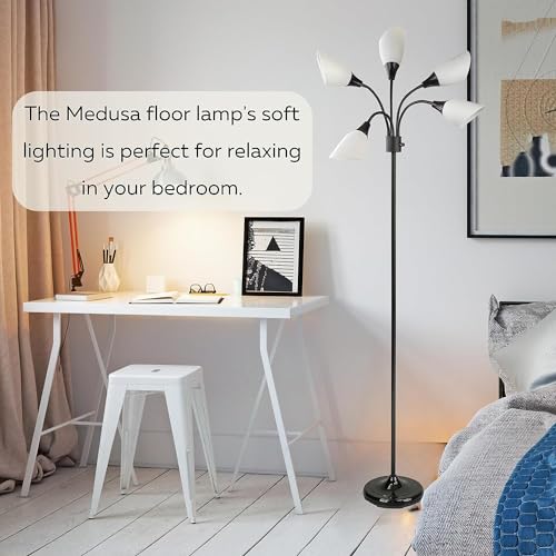 Modern Multi-Head Medusa Floor Lamp - 5 Light Standing Lamp for Bedroom and Living Room with Positionable Acrylic White Shades & 3-Light Mode Switch - Tall Black Floor Lamp for Living Room Decor