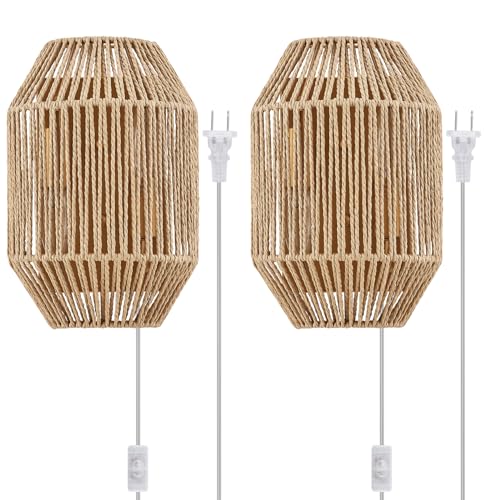 Natural Rattan Wall Sconce Set of 2, with Boho Woven Wicker Shade Antique Brass Brush Paint Finish for Vanity Stairway Fireplace Living Room Bedside Passway Hallway