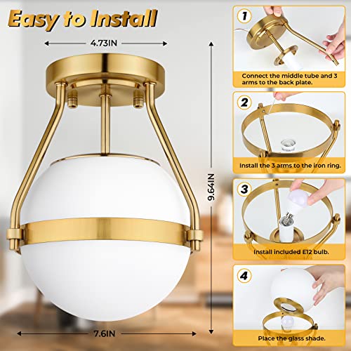 Lakumu Globe Semi Flush Mount Ceiling Light, Mid Century Ceiling Lamp with Milky White Glass Shade, Industrial Brushed Gold Ceiling Light for Living Room Hallway Kitchen Island Dining Room(Bulb Incl.)