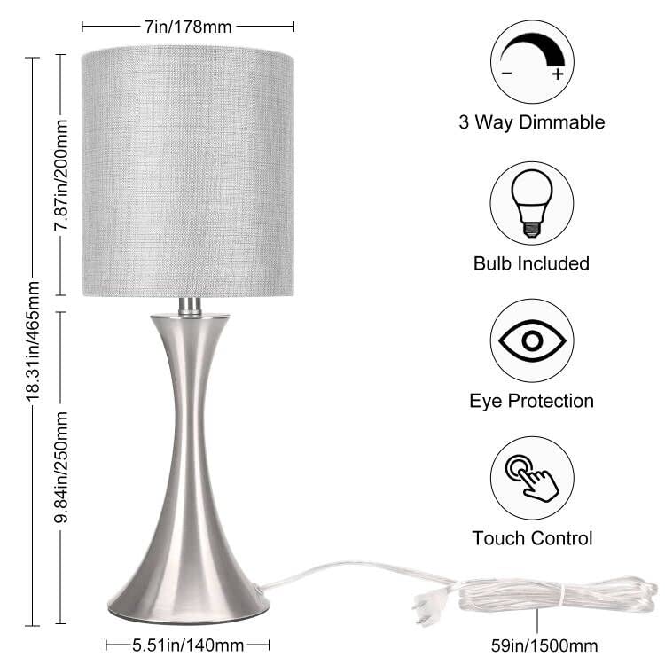 3 Way Touch Control Table Lamp, Dimmable Bedside Desk Lamp with Metal Base Modern Nightstand Lamp Stylish Grey Shade Simple Side Table Lamp for Bedroom, Living Room, Office or Den LED Bulb Included