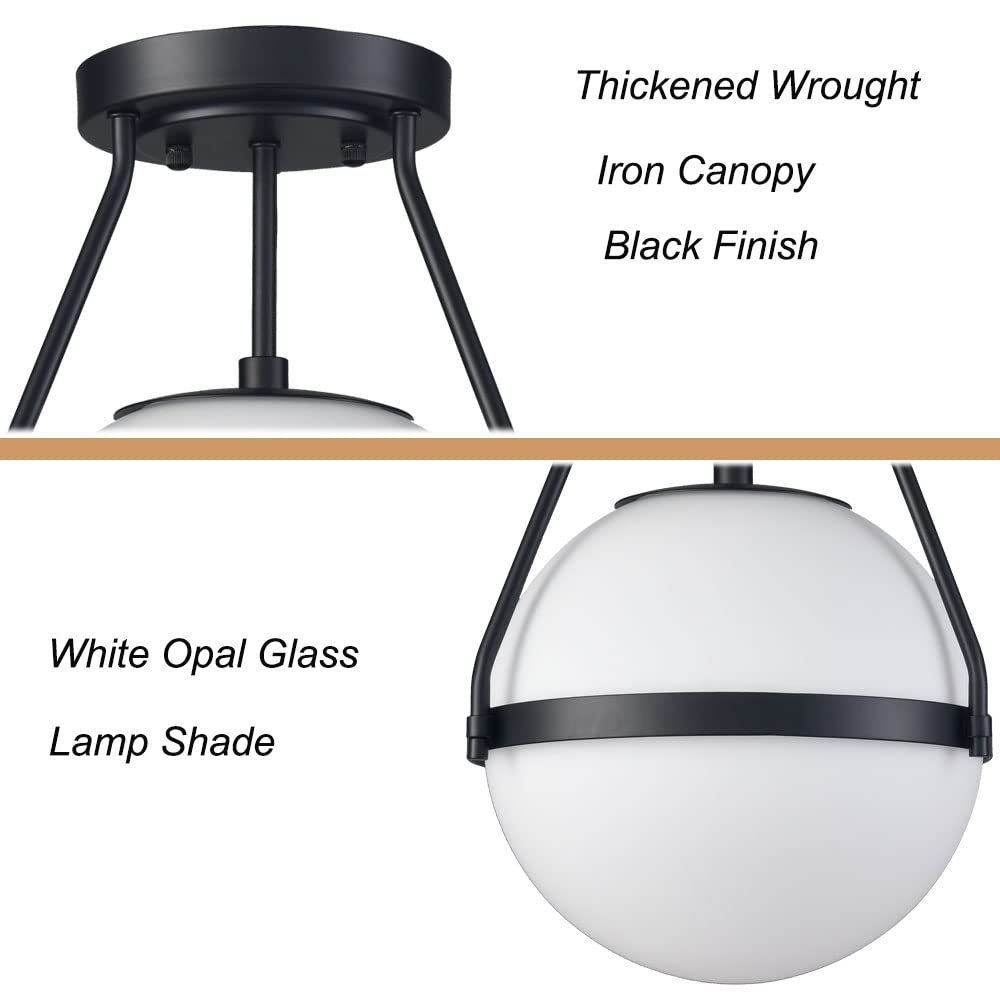 Modern Globe Semi Flush Mount Ceiling Light,Black Ceiling Light Fixture with Opal Glass 7Inch/18CM,Mid Century Kitchen Light Fixtures Hallway Light Fixtures Ceiling for Bedroom Kitchen