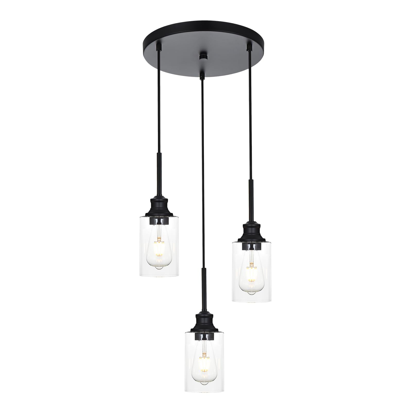 3-Light Kitchen Island Pendant Light Fixtures Hanging Black Farmhouse Pendant Lighting Cluster with Clear Glass Shade, Modern Industrial Linear Chandeliers Light for Dining Room Foyer Hallway