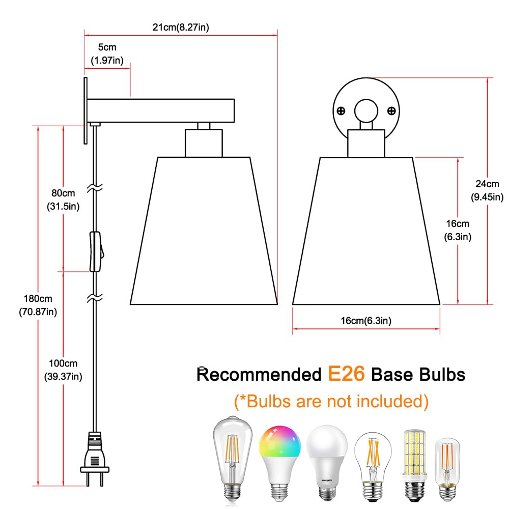 Plug in Wall Sconces Set of Two, Wall Lamp with Plug in Cord, Black Wall Sconce Light Plug in, Bedside Wall Mounted Light with Fabric Linen Shade, Plug in Wall Decor for Bedroom Living Room