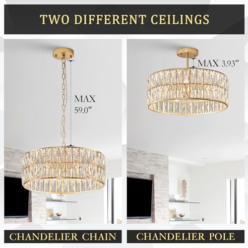 Gold Crystal Chandeliers, Modern Semi Flush Mount Chandelier 4-Ligh Drum Crystal Ceiling Pendant Light Fixture 12” for Foyer Entryway Kitchen Hallway Dining Room