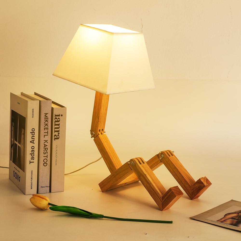 Cute Desk Lamp, Dimmable Robot Table Lamps, Wood Bedside Lamps Nightstand Lamp for Bedroom, Study, Office, Living Room