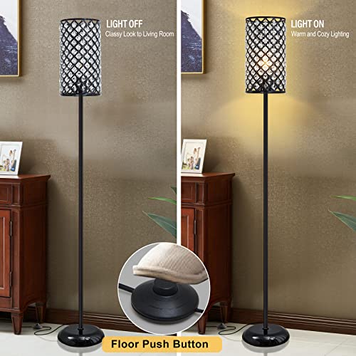 Crystal Floor Lamp, Elegant Standing Lamp Modern Floor Lamp Silver Finish Tall Pole Lamp Accent Light with On/Off Foot Switch for Living Room, Girl Bedroom, Dresser, Office