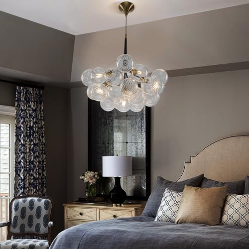 Semi Flush Mount Ceiling Bubble Ball Chandelier Lighting Dia 20 Inch Gold Clear Ribbed Blown Glass Chandeliers Ceiling Medallions Light Fixtures for Bedroom, Living Room, Entry, Bathroom