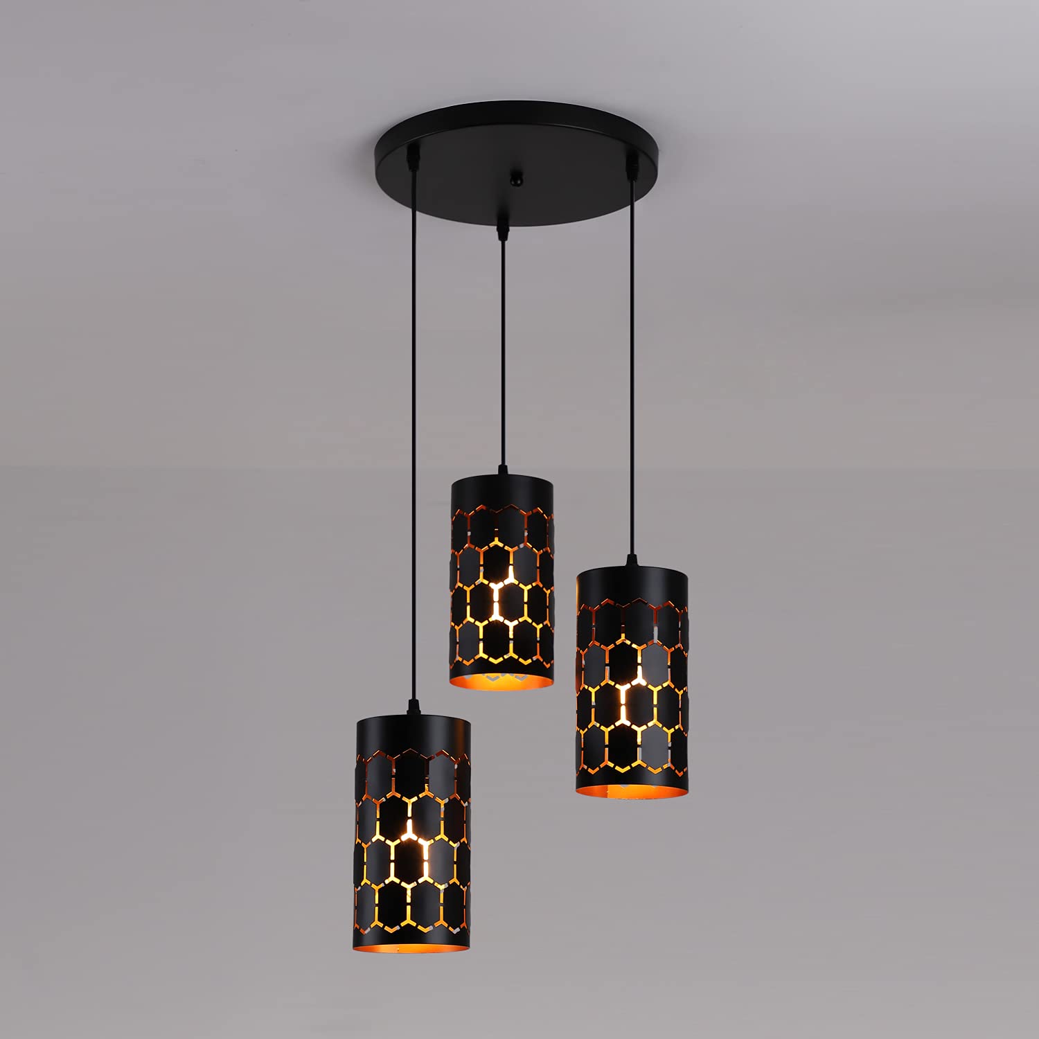 3-Light Modern Kitchen Island Lighting with Cylindrical Metal Cage, Industrial Round Base Multi Pendant Light Fixture for Dining Room Living Room Farmhouse, Gold Inner and Black