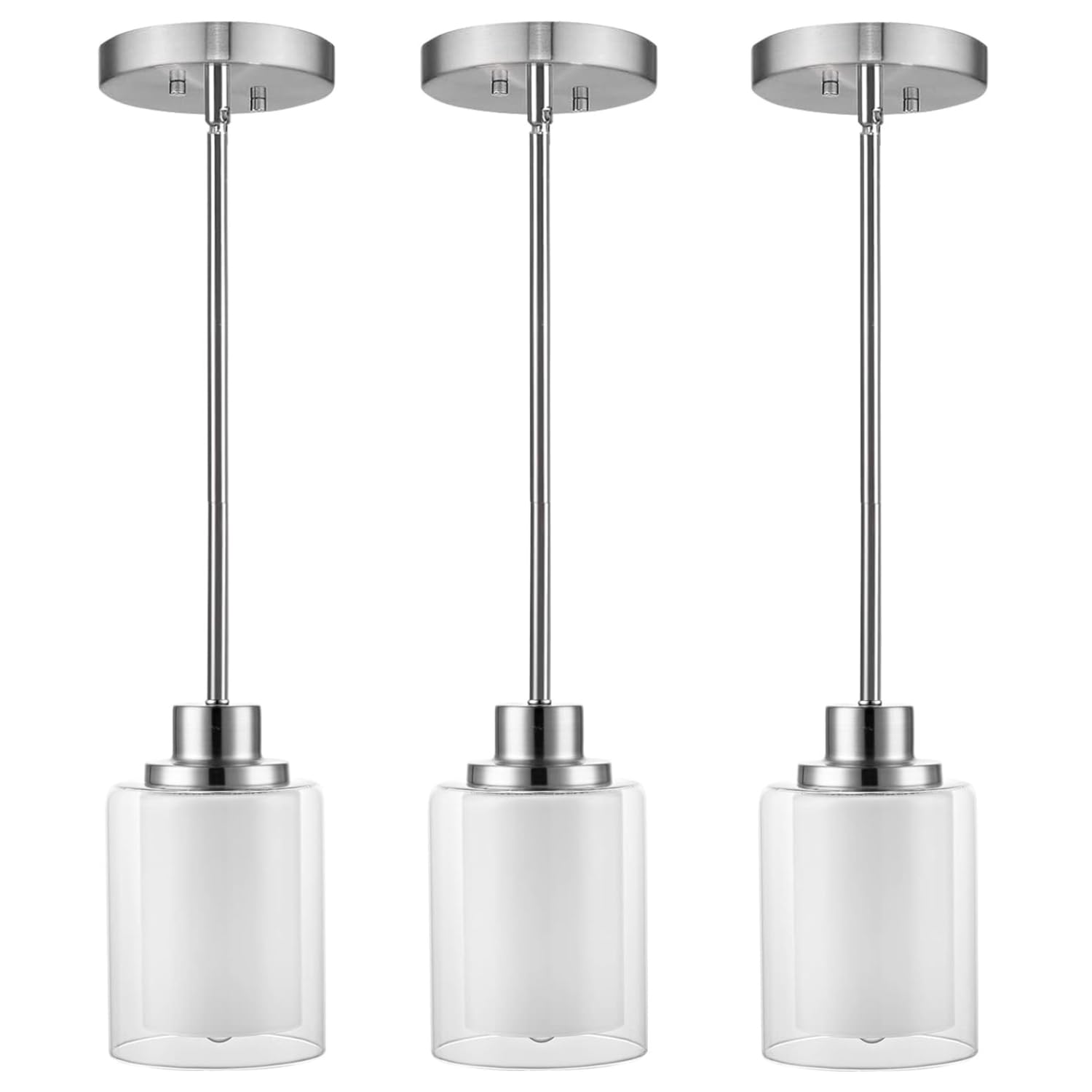 1-Light Mini Pendant Light Fixtures, 2-Pack Modern Hanging Ceiling Light, Adjustable Height, Brushed Nickel Pendant Lighting with Dual Glass for Kitchen Island Bedroom Hallway