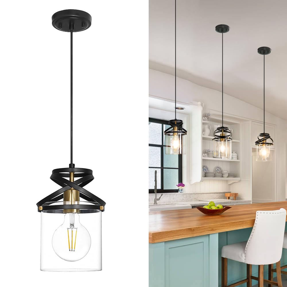 Black and Gold Pendant Light Fixture, Modern Pendant Lights Kitchen Island with Clear Glass Shade, Industrial Pendant Lighting over Island, Pendant Lamp for Dining Room Sink, 6ft Adjustable Cable