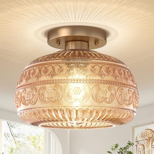 Semi Flush Mount Ceiling Light, Upgraded Modern Close to Ceiling Light Fixture with Clear Glass,Gold Indoor Kitchen Lighting for Porch Corridor Hallway Bedroom, Bulb Not Included