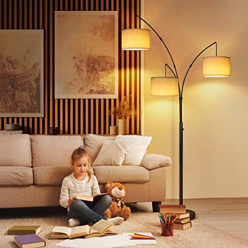 Arc Led Floor Lamp, Modern Black 3 Light Arched Tall Floor Lamp for Bedroom, 2400lm Mid Century Adjustable Standing Corner Lamps for Living Room Office, 3 LED Bulbs Included, Beige Lampshade