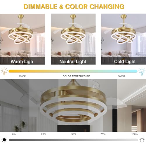 42 Inch Retractable Ceiling Fan, Chandelier Ceiling Fans with Lights, Silent DC Motor, 6 Speeds, 3 Color Changing for Bedroom Living Room (Gold)