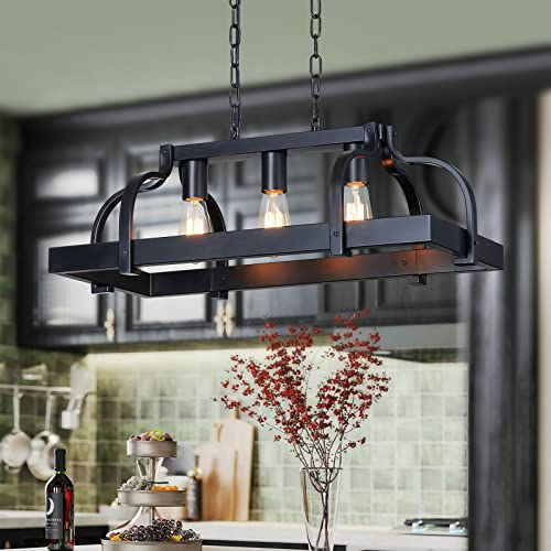 WUZUPS 5-Light Metal Chandelier Imitation Wood Grain Linear Pendant Ceiling Lighting Rustic Farmhouse Fixture Kitchen Island Dining Room, H 8.5" L 31.5" W10, E26 Base, Black & Antique White