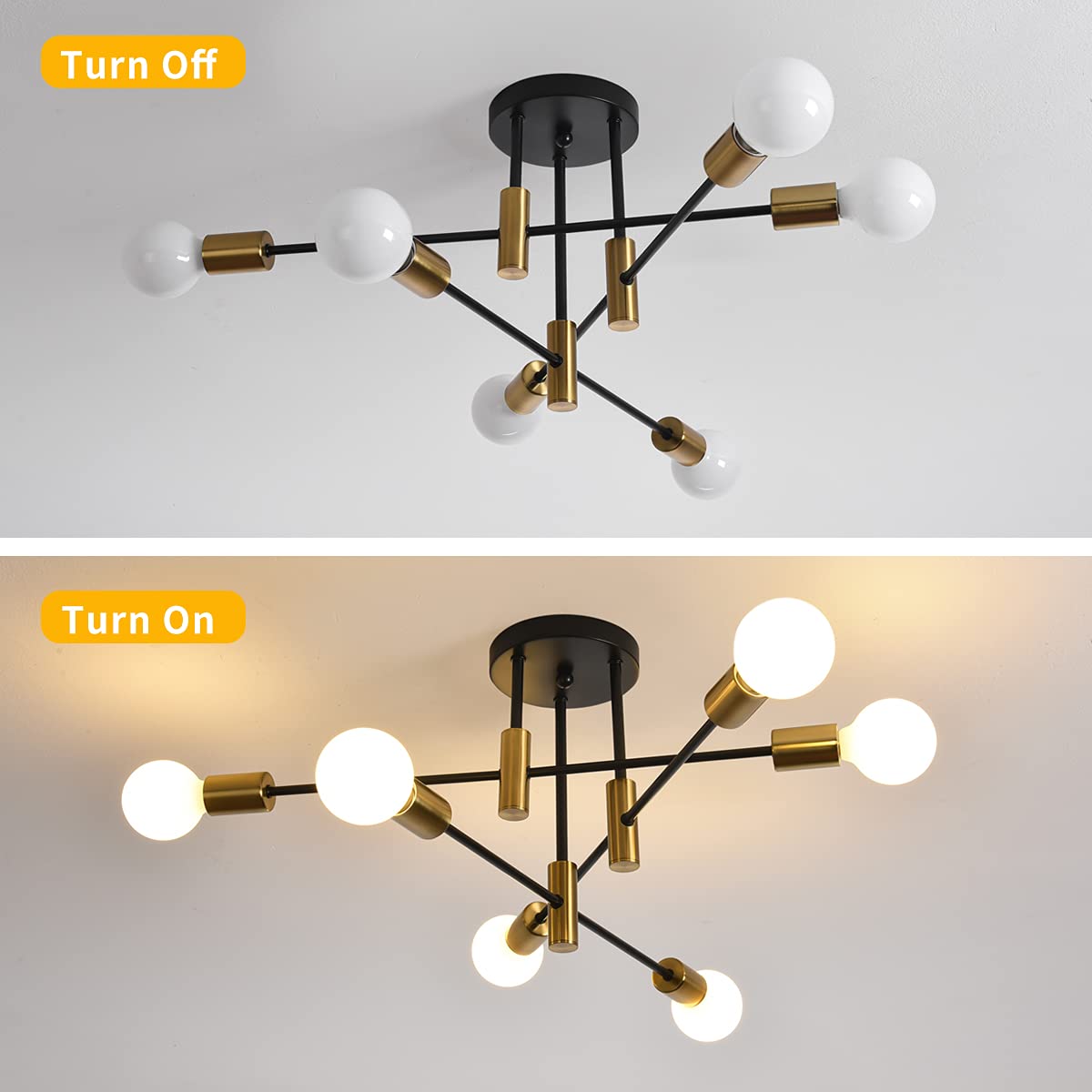 10 Lights Modern Sputnik Ceiling Chandelier Gold Industrial Ceiling Lamp Mid Century Semi Flush Mount Ceiling Light Fixture for Kitchen Dining Room Living Room Bedroom Foyer Lighting