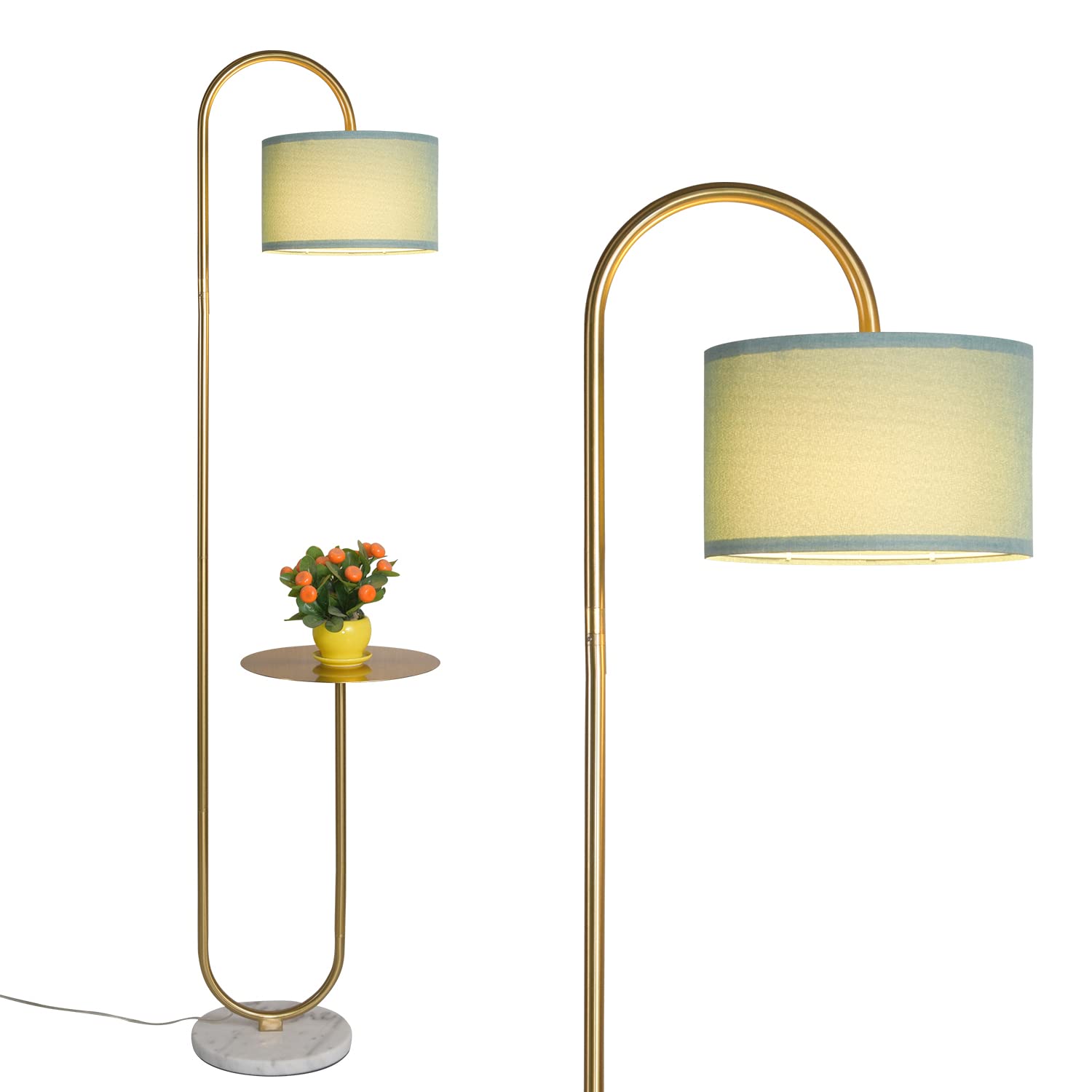 Floor Lamp with Hanging Drum Shade for Living Room-Marble Base Modern Tall Stand Up Light with Table, Contemporary Over The Couch Gold Lamp Standing Lamps for Bedroom Office