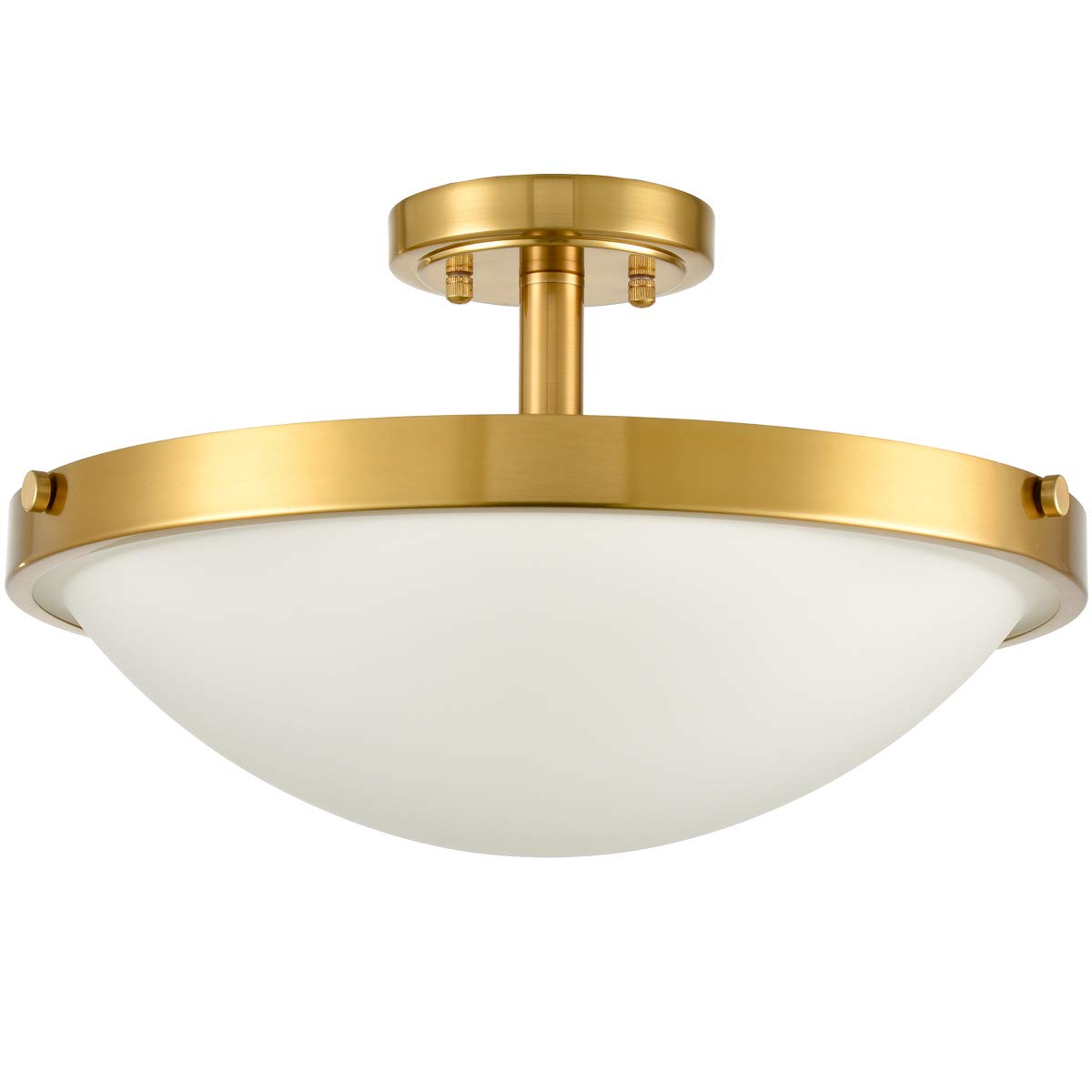 16-Inch Gold Semi Flush Mount Ceiling Light Mid Century Modern 3-Light Milk Glass Ceiling Light Brass Flush Mount Light Fixtures for Bedroom Hallway Staircase