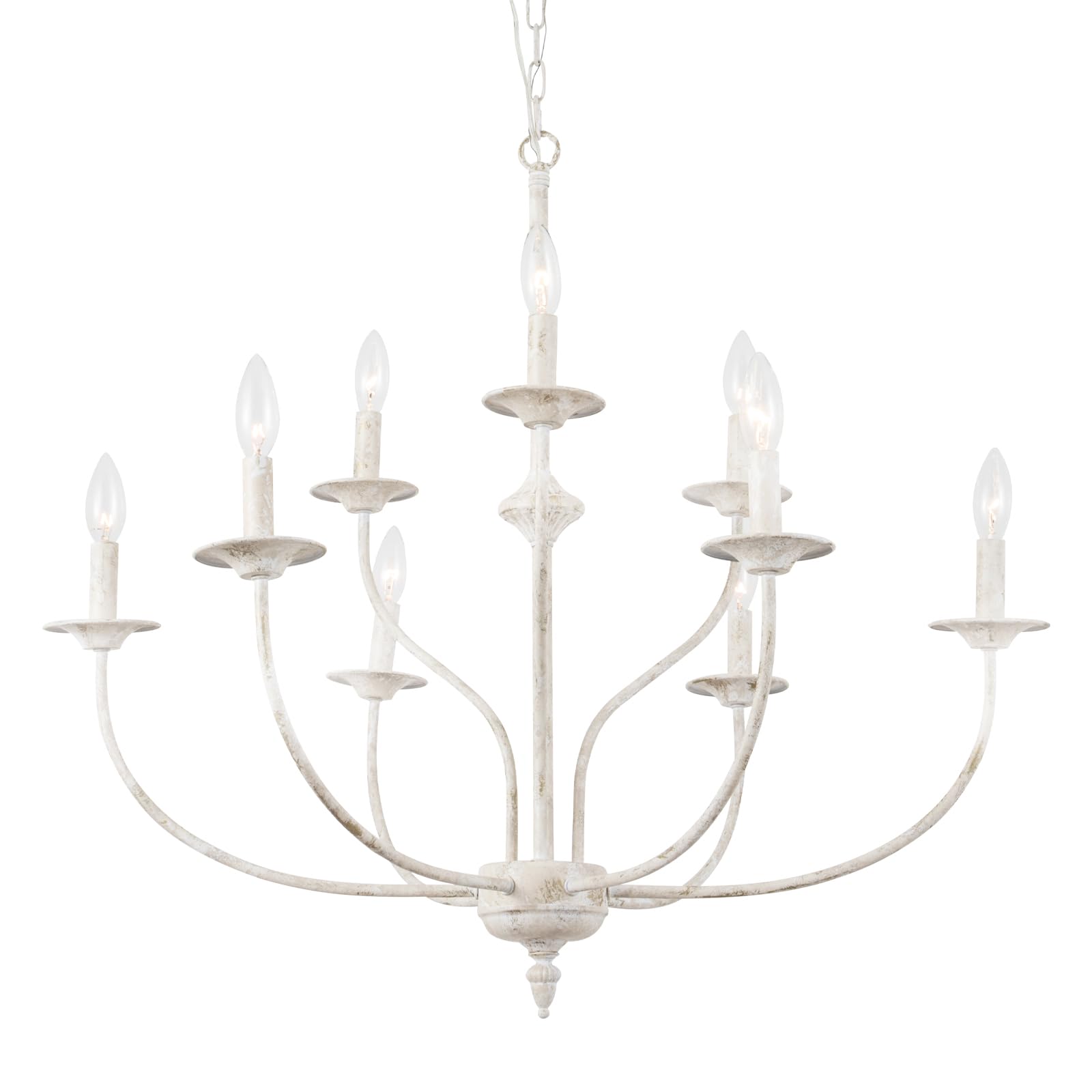 Chandelier, 2-Tier 9-Light Farmhouse Antique White Chandelier, 31" Rustic Candle Pendant Light Fixtures for Dining Room, Living Room, Kitchen